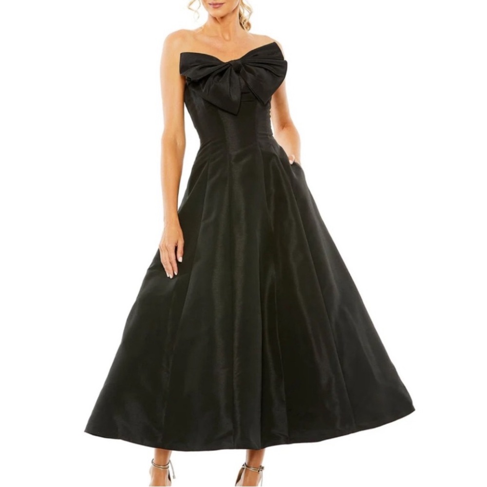 Mac Duggal Strapless Black Bow Tea-Length Ball Gown